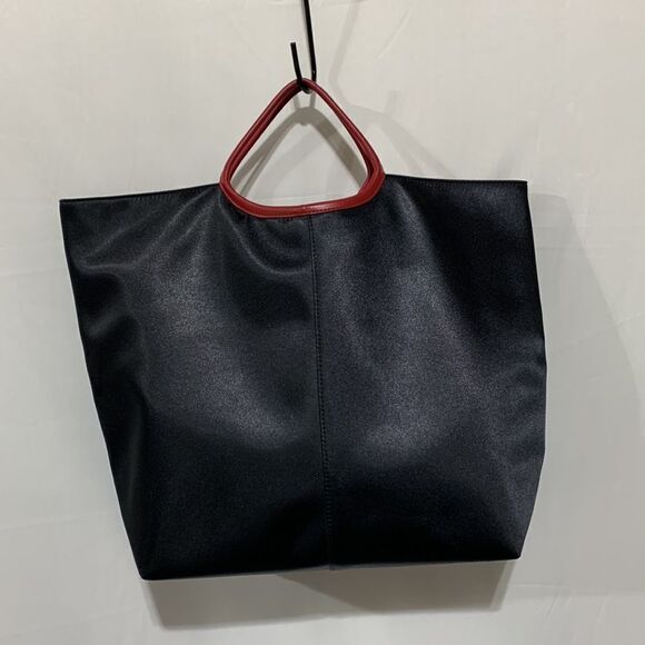 REVERSIBLE tote bag hanbag black/stripes faux leather handle looks like satin - Picture 4 of 10